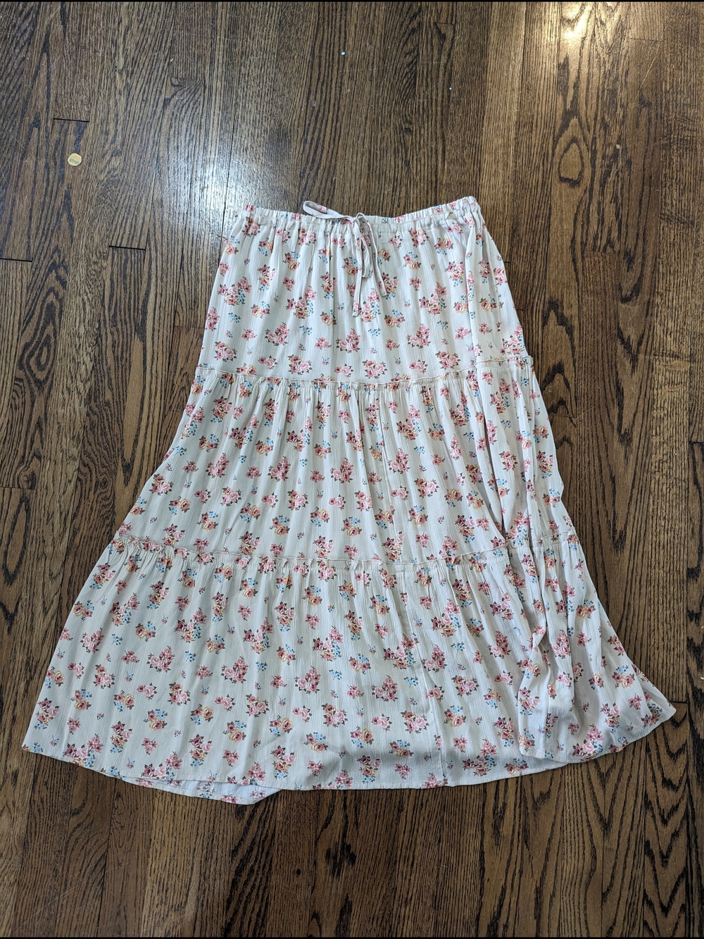 Celebrity Pink White Tiered Maxi Skirt with Pink Floral Print